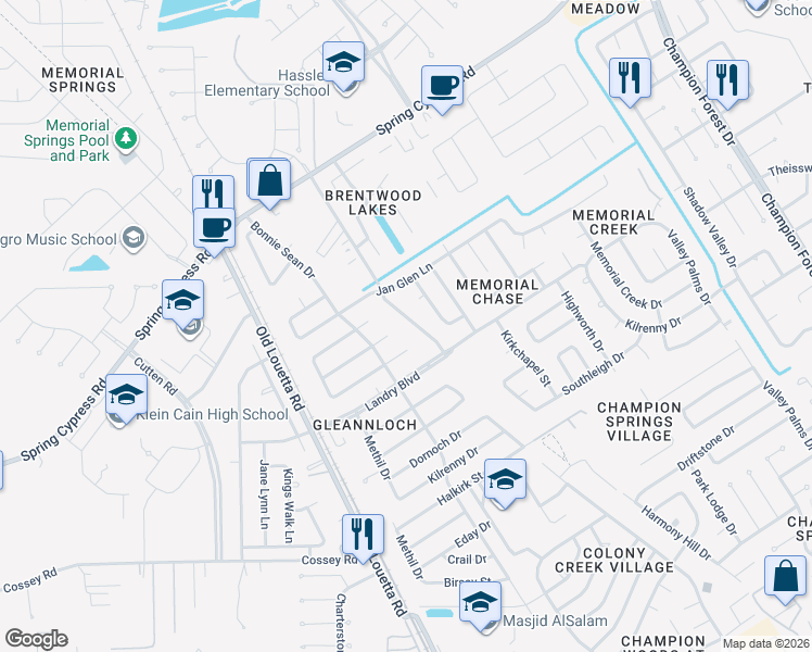 map of restaurants, bars, coffee shops, grocery stores, and more near 17303 Chaseloch Street in Spring