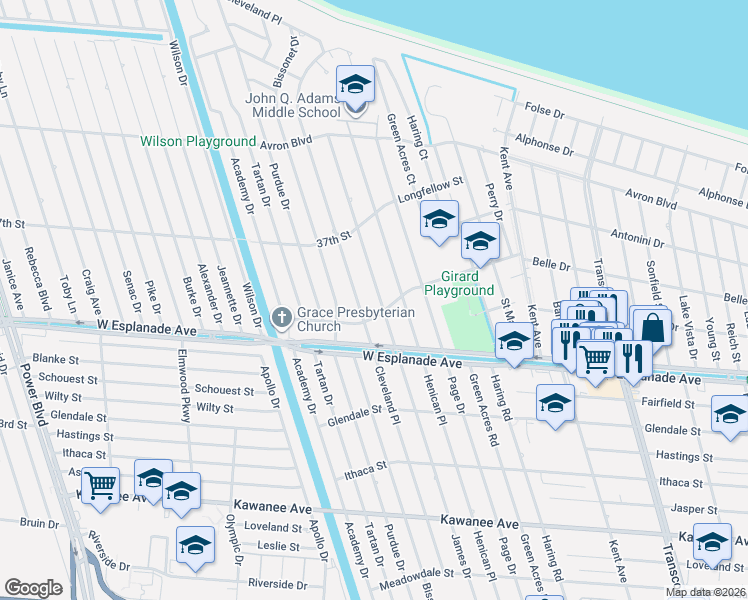 map of restaurants, bars, coffee shops, grocery stores, and more near 4501 James Drive in Metairie