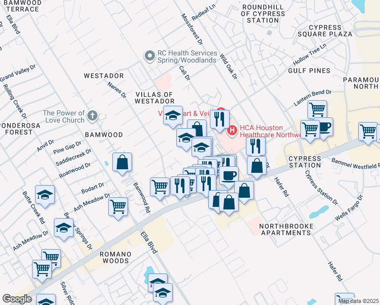 map of restaurants, bars, coffee shops, grocery stores, and more near 17127 Red Oak Drive in Houston