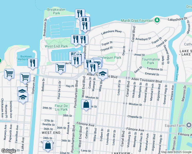 map of restaurants, bars, coffee shops, grocery stores, and more near 7110 Milne Boulevard in New Orleans
