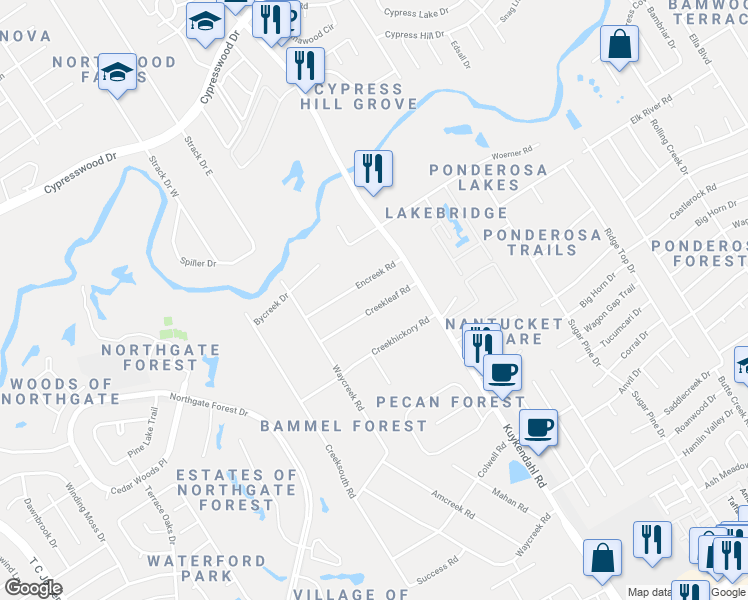map of restaurants, bars, coffee shops, grocery stores, and more near 2318 Creekleaf Road in Houston