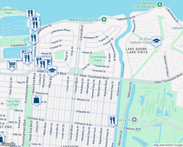 map of restaurants, bars, coffee shops, grocery stores, and more near 811 Robert E Lee Boulevard in New Orleans