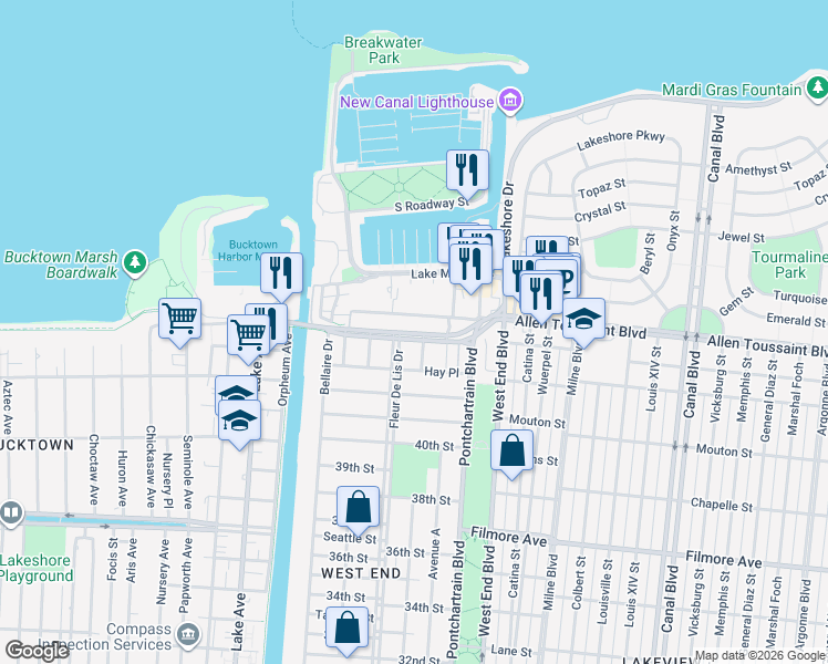 map of restaurants, bars, coffee shops, grocery stores, and more near 309 New Orleans-Hammond Highway in New Orleans