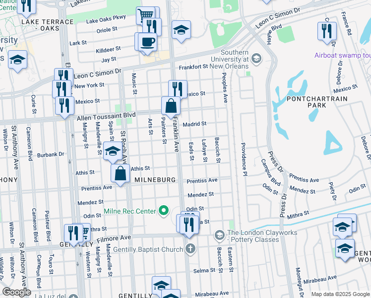 map of restaurants, bars, coffee shops, grocery stores, and more near 2619 Pressburg Street in New Orleans