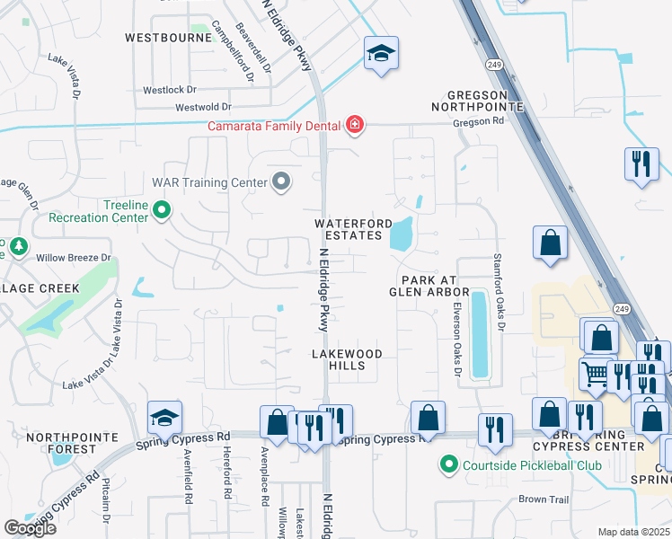 map of restaurants, bars, coffee shops, grocery stores, and more near 17442 North Eldridge Parkway in Tomball