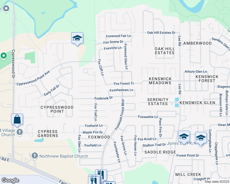 map of restaurants, bars, coffee shops, grocery stores, and more near 7226 Foxshadows Lane in Humble