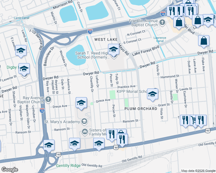 map of restaurants, bars, coffee shops, grocery stores, and more near 4900 Camelia Street in New Orleans