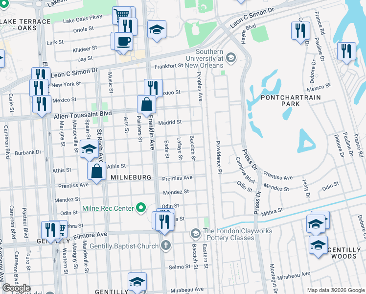 map of restaurants, bars, coffee shops, grocery stores, and more near 2678 Pressburg Street in New Orleans