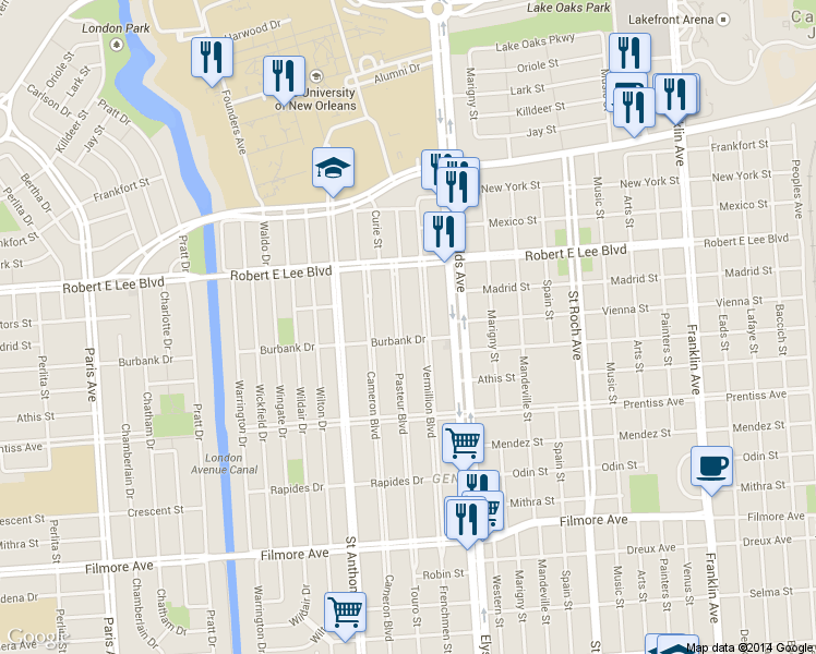 map of restaurants, bars, coffee shops, grocery stores, and more near 6005 Pasteur Boulevard in New Orleans