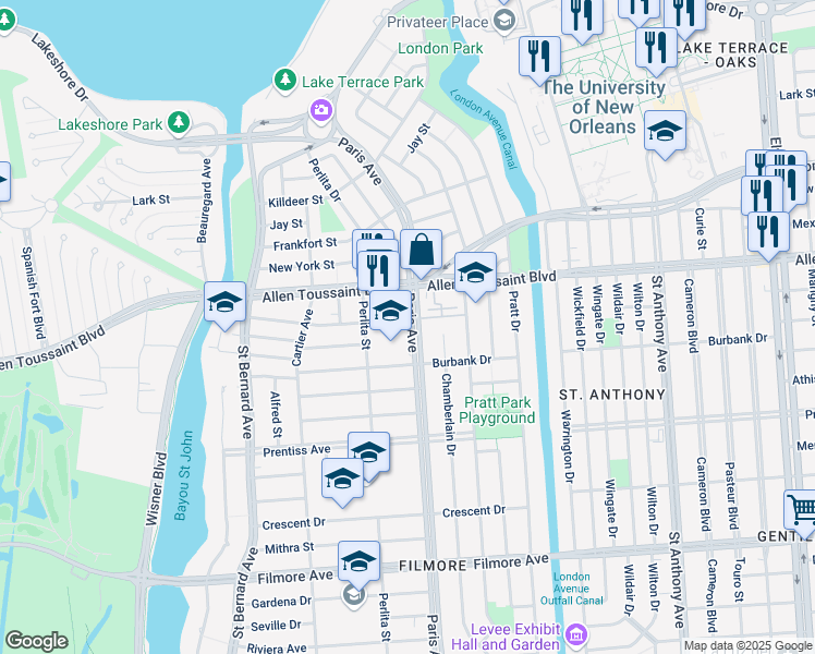 map of restaurants, bars, coffee shops, grocery stores, and more near 6043 Paris Avenue in New Orleans