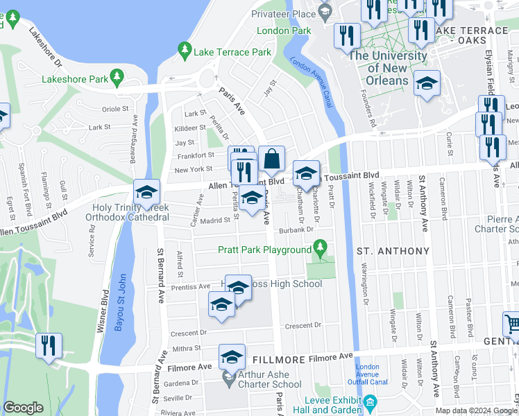 map of restaurants, bars, coffee shops, grocery stores, and more near 1532 Allen Toussaint Boulevard in New Orleans