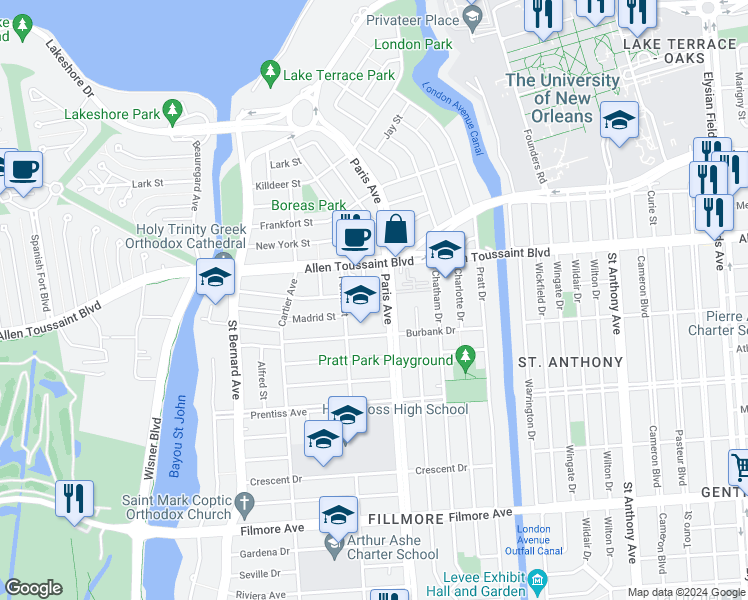 map of restaurants, bars, coffee shops, grocery stores, and more near 1532 Allen Toussaint Boulevard in New Orleans