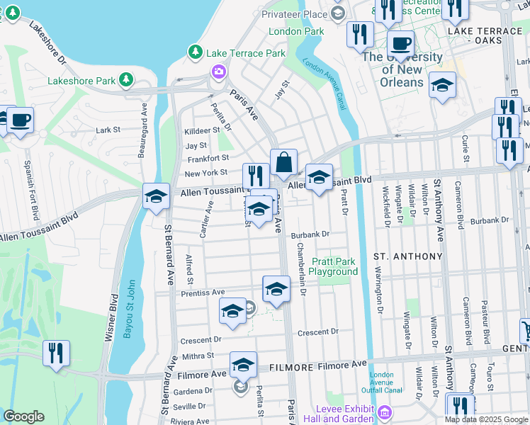map of restaurants, bars, coffee shops, grocery stores, and more near 1532 Allen Toussaint Boulevard in New Orleans