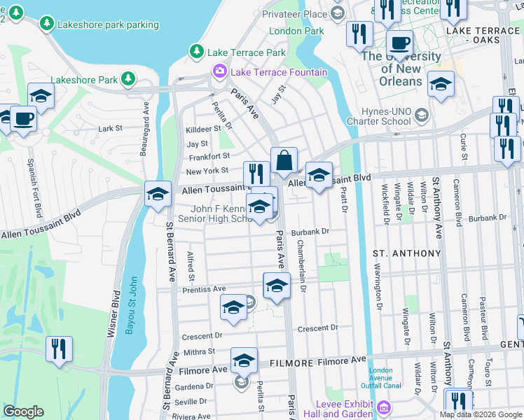 map of restaurants, bars, coffee shops, grocery stores, and more near 1532 Allen Toussaint Boulevard in New Orleans
