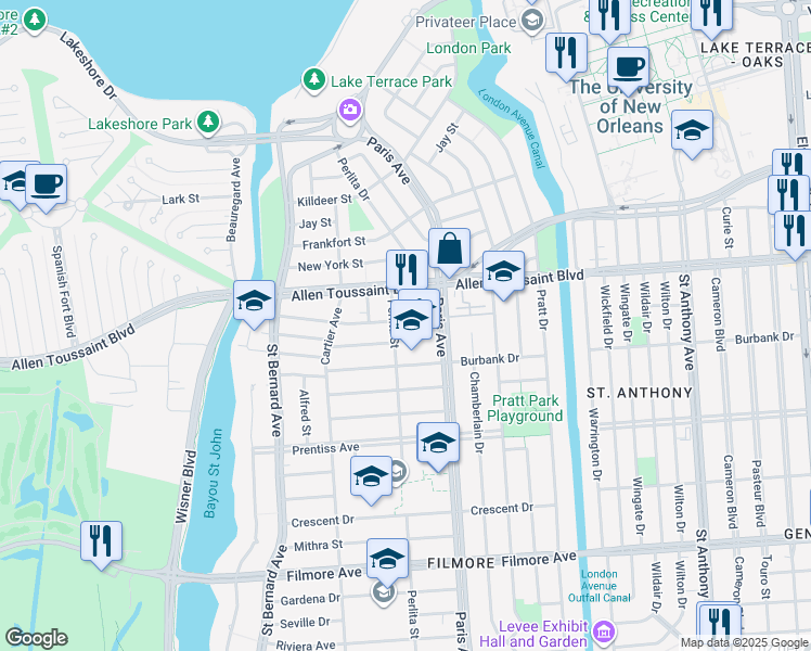 map of restaurants, bars, coffee shops, grocery stores, and more near 1532 Allen Toussaint Boulevard in New Orleans