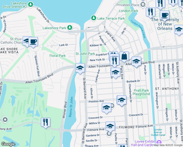 map of restaurants, bars, coffee shops, grocery stores, and more near 1345 Madrid Street in New Orleans