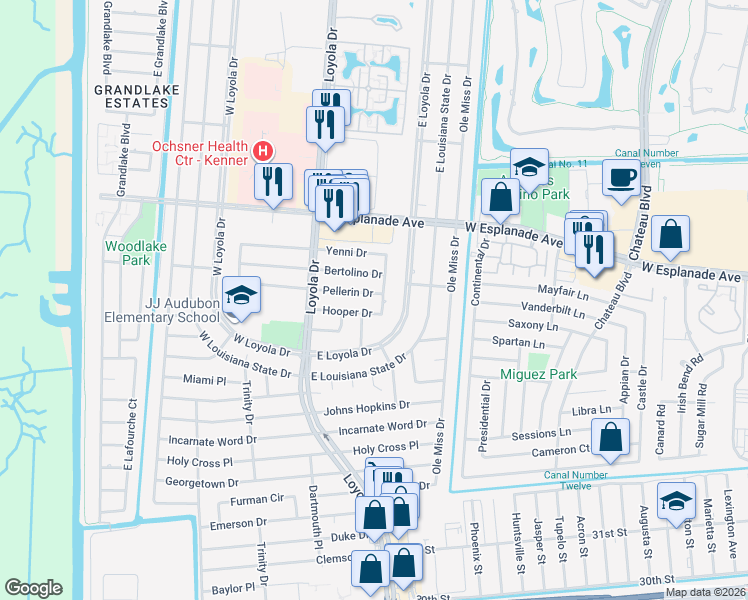 map of restaurants, bars, coffee shops, grocery stores, and more near 453 Pellerin Drive in Kenner