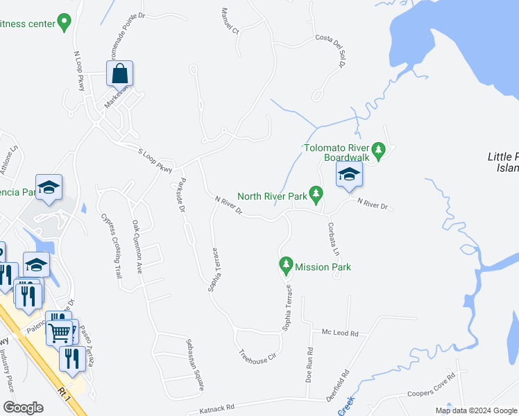 map of restaurants, bars, coffee shops, grocery stores, and more near 150 North River Drive in St. Augustine