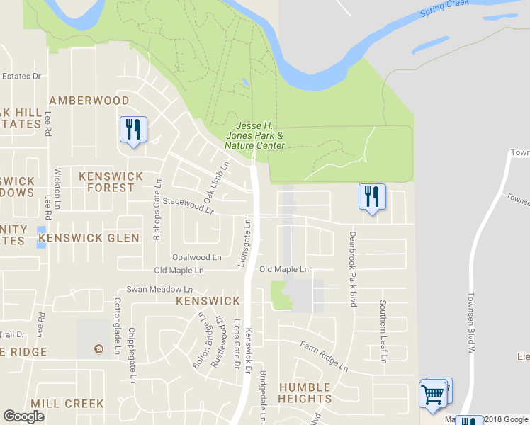 map of restaurants, bars, coffee shops, grocery stores, and more near 20502 Kenswick Drive in Humble