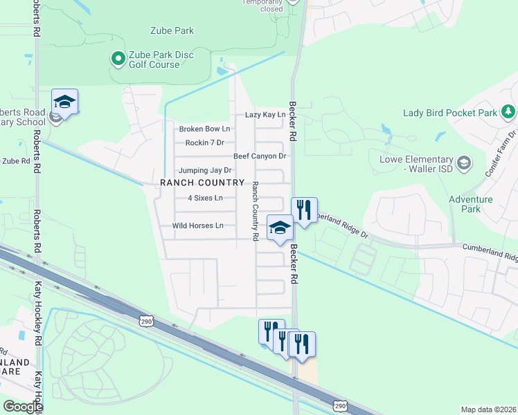map of restaurants, bars, coffee shops, grocery stores, and more near 17327 Ranch Country Road in Hockley