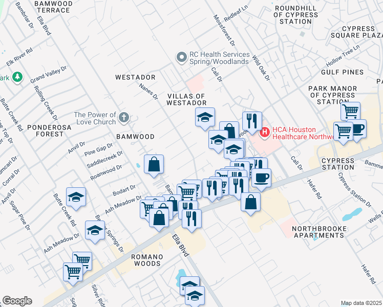 map of restaurants, bars, coffee shops, grocery stores, and more near Nanes Drive in Houston