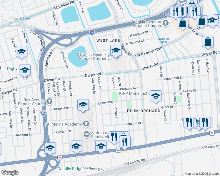 map of restaurants, bars, coffee shops, grocery stores, and more near 4900 Camelia Street in New Orleans