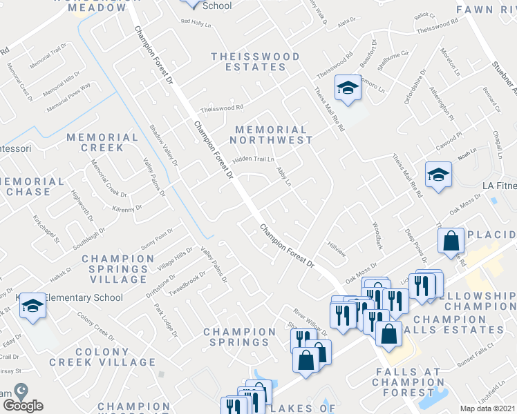 map of restaurants, bars, coffee shops, grocery stores, and more near 8234 Teakwood Forest Drive in Spring