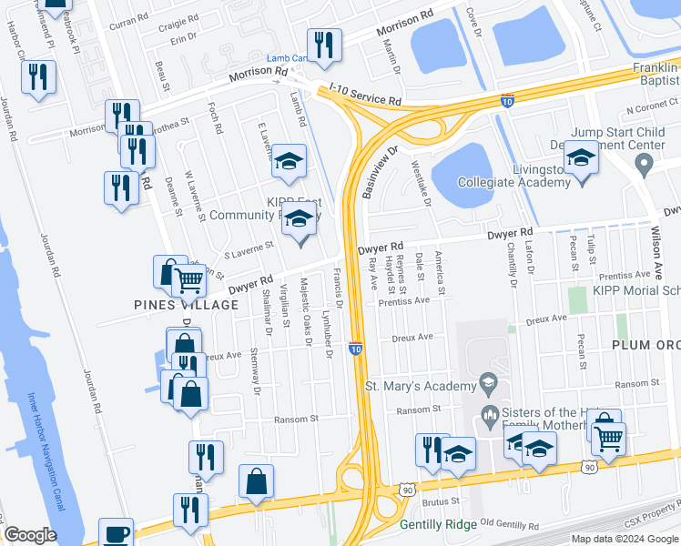 map of restaurants, bars, coffee shops, grocery stores, and more near 4859 Francis Drive in New Orleans