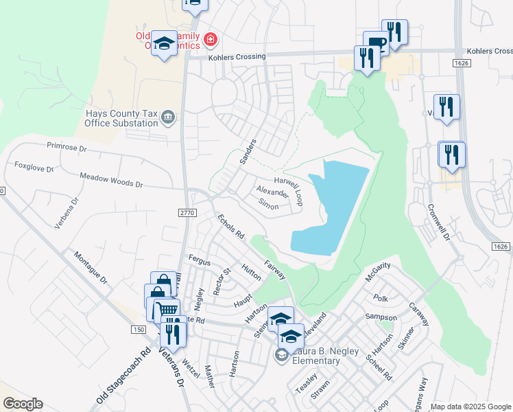 map of restaurants, bars, coffee shops, grocery stores, and more near 1518 Harwell Loop in Kyle
