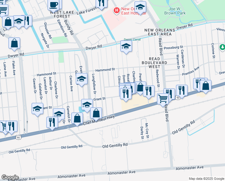 map of restaurants, bars, coffee shops, grocery stores, and more near 9501 Grant Street in New Orleans