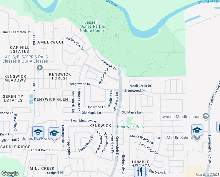 map of restaurants, bars, coffee shops, grocery stores, and more near 8507 Stagewood Drive in Humble