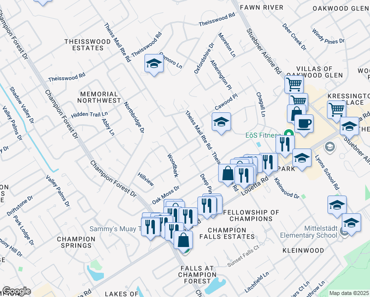 map of restaurants, bars, coffee shops, grocery stores, and more near 7931 Astley Lane in Spring