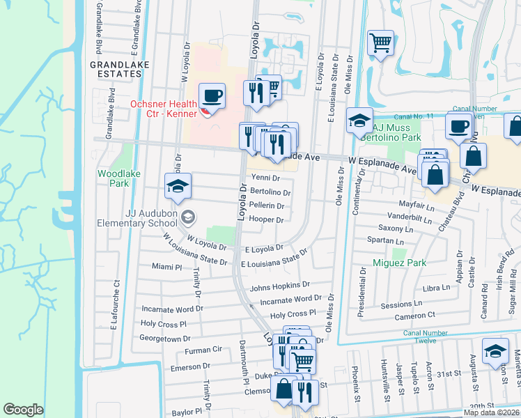 map of restaurants, bars, coffee shops, grocery stores, and more near 420 Hooper Drive in Kenner