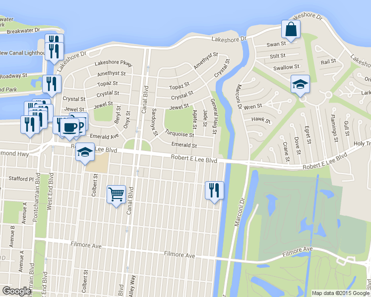 map of restaurants, bars, coffee shops, grocery stores, and more near 879 Robert E Lee Boulevard in New Orleans