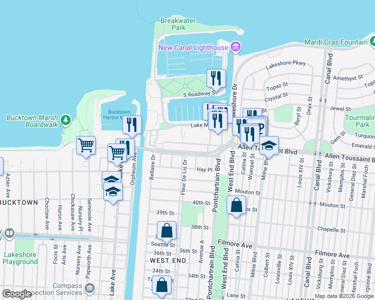 map of restaurants, bars, coffee shops, grocery stores, and more near 309 New Orleans-Hammond Highway in New Orleans