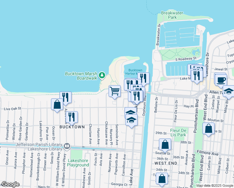map of restaurants, bars, coffee shops, grocery stores, and more near 400 Metairie-Hammond Highway in Metairie