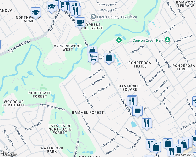 map of restaurants, bars, coffee shops, grocery stores, and more near 2318 Creekleaf Road in Houston