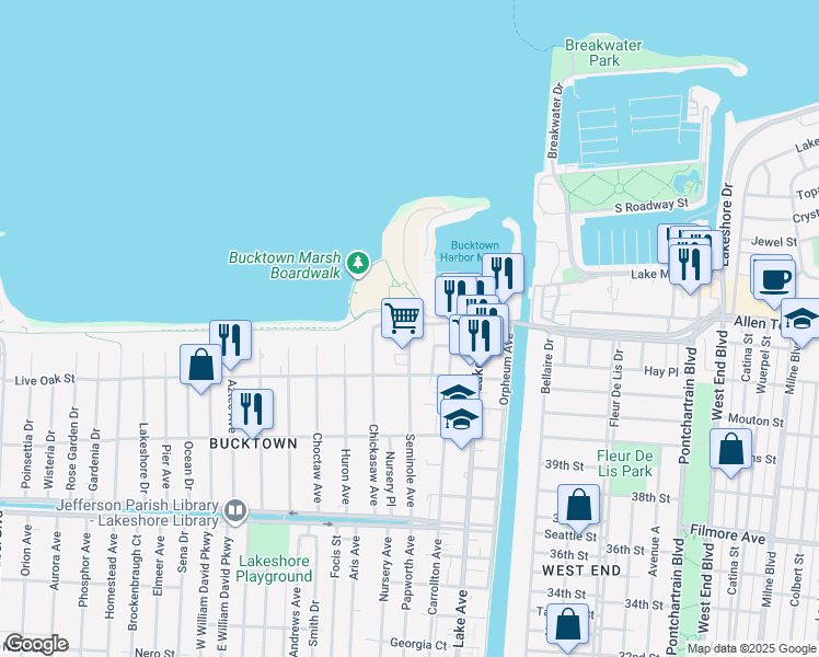 map of restaurants, bars, coffee shops, grocery stores, and more near 420 Metairie-Hammond Highway in Metairie