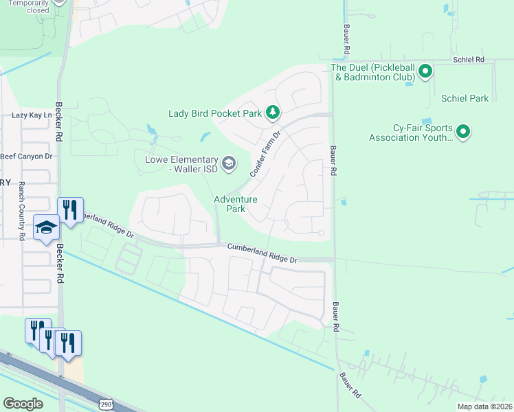 map of restaurants, bars, coffee shops, grocery stores, and more near 31403 Dell Valley Lane in Hockley