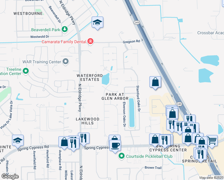 map of restaurants, bars, coffee shops, grocery stores, and more near 11731 Spring Path Court in Tomball