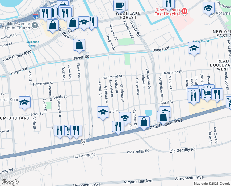 map of restaurants, bars, coffee shops, grocery stores, and more near 4683 Lancelot Drive in New Orleans
