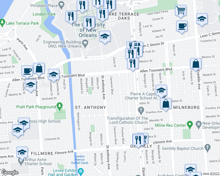 map of restaurants, bars, coffee shops, grocery stores, and more near 6006 Cameron Boulevard in New Orleans