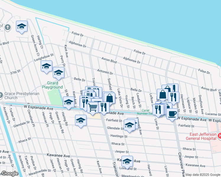 map of restaurants, bars, coffee shops, grocery stores, and more near 4524 Sonfield Street in Metairie