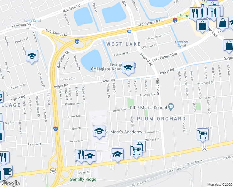 map of restaurants, bars, coffee shops, grocery stores, and more near 4917 Lafon Drive in New Orleans