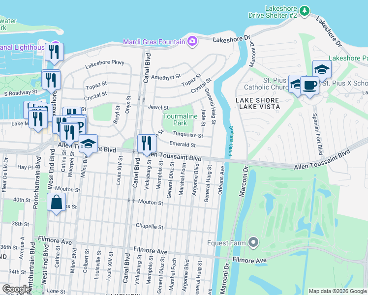map of restaurants, bars, coffee shops, grocery stores, and more near 879 Robert E Lee Boulevard in New Orleans