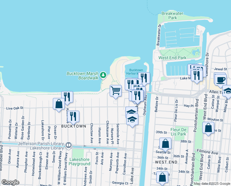 map of restaurants, bars, coffee shops, grocery stores, and more near 498 Metairie-Hammond Highway in Metairie
