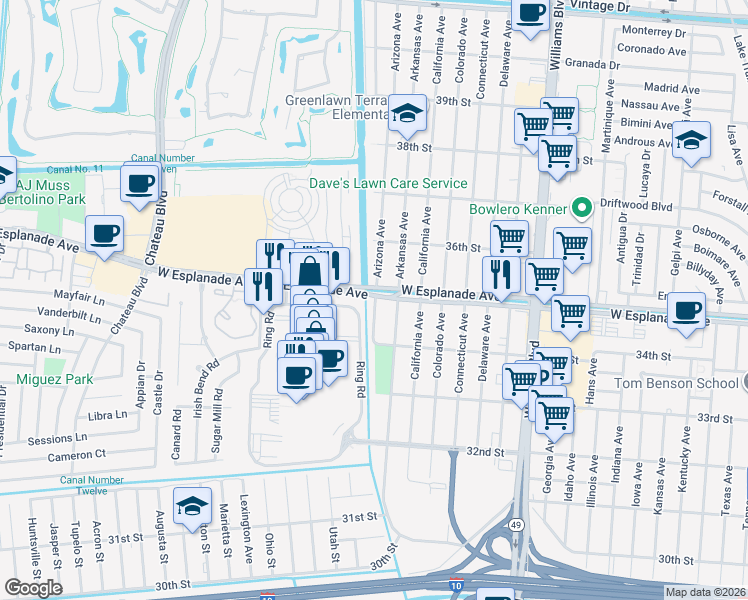 map of restaurants, bars, coffee shops, grocery stores, and more near 3416 Arizona Avenue in Kenner