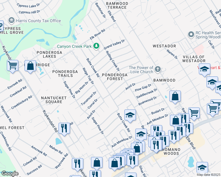 map of restaurants, bars, coffee shops, grocery stores, and more near 1722 Corral Drive in Houston