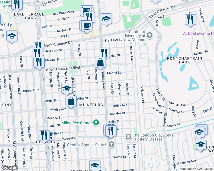 map of restaurants, bars, coffee shops, grocery stores, and more near 2619 Pressburg Street in New Orleans