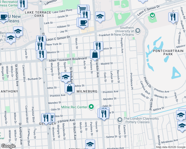 map of restaurants, bars, coffee shops, grocery stores, and more near 5905 Painters Street in New Orleans